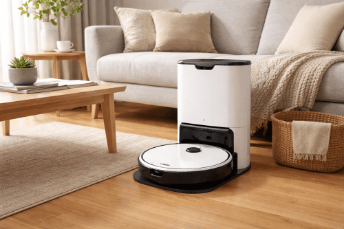 Clean lifestyle photo of a self-emptying robot vacuum docked in a modern living room, neutral lighting, no text overlay