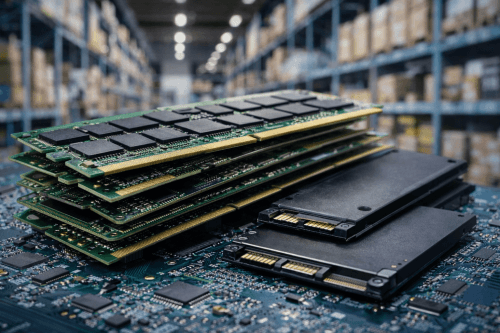 RAM modules and SSDs on a circuit board