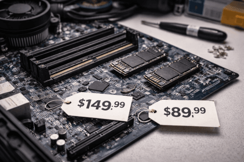 desktop PC motherboard with installed RAM sticks and SSDs, desktop PC motherboard with installed RAM sticks and SSDs,