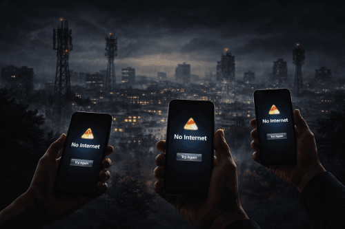 Dark city skyline with mobile towers fading into darkness as smartphones display “No Internet” warnings.