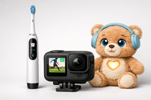 AI in Household items Clean product montage showing a smart toothbrush, a sports camera, and an AI-powered plush toy on a neutral background.