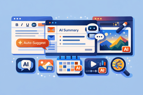 Illustration showing everyday software apps with built-in AI features