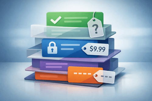 Stacked digital subscription cards with price tags Stacked digital subscription cards with price tags