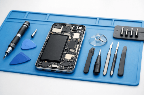 modern smartphone opened on a repair mat modern smartphone opened on a repair mat