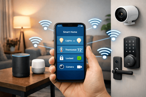 Smart home products connecting to one app interface on a phone.