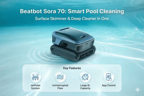 Beatbot Sora 70 robotic pool cleaner beside a modern in-ground backyard pool.