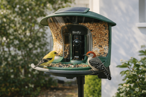 Birdfy Feeder 2 Pro smart bird feeder mounted outdoors with birds feeding