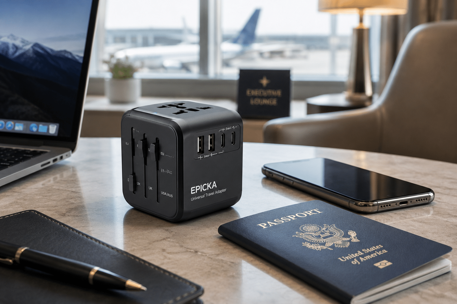 EPICKA Universal Travel Adapter connected to devices in an airport lounge