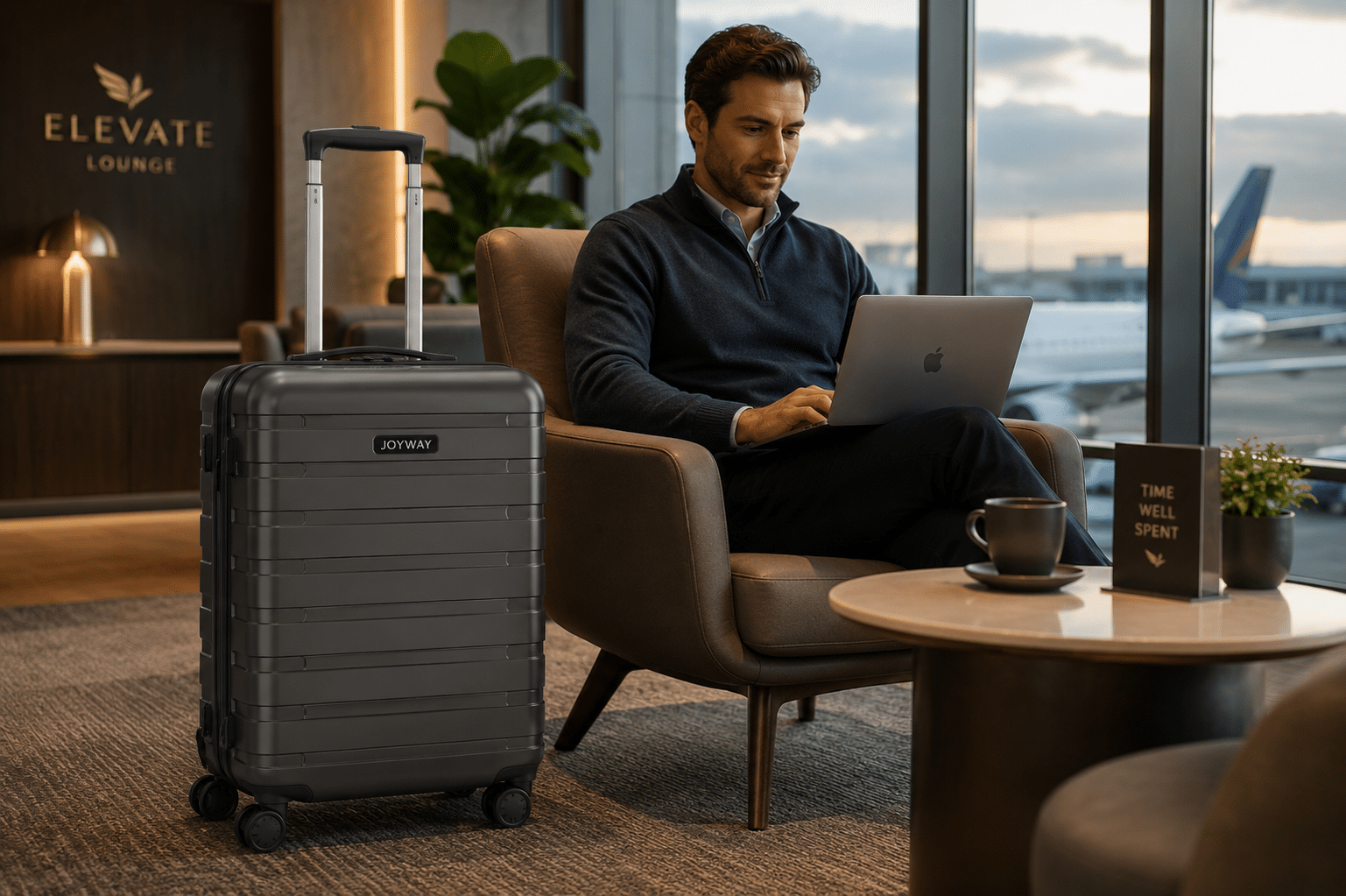 Joyway Carry On Luggage with smart cup holder and USB port in an airport lounge