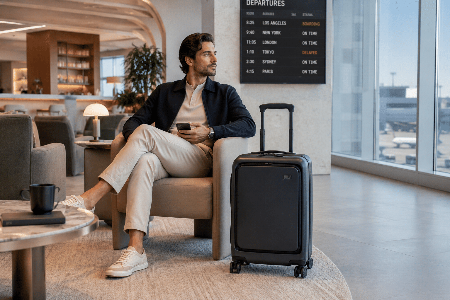 July Carry-On Pro carry-on luggage in a premium airport lounge setting