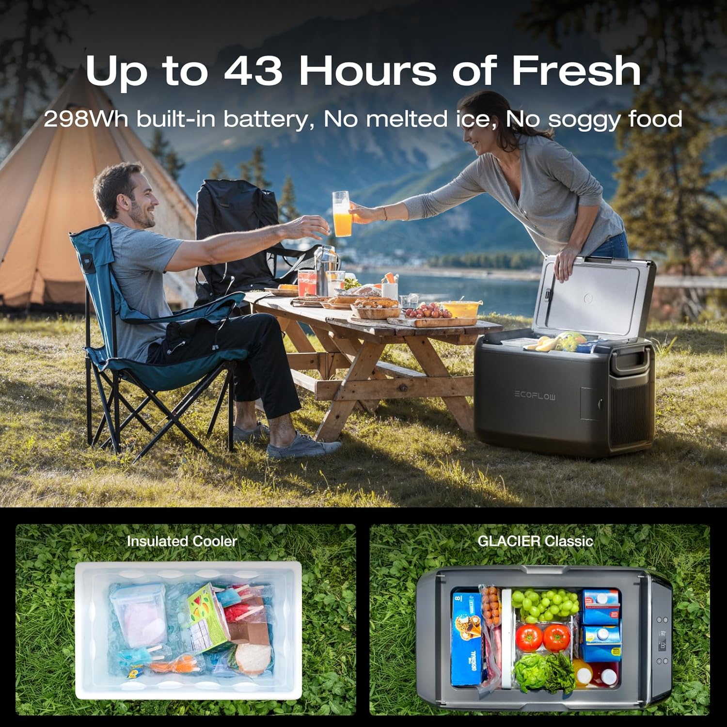 EcoFlow Glacier Portable Fridge at an outdoor campsite beside a tent