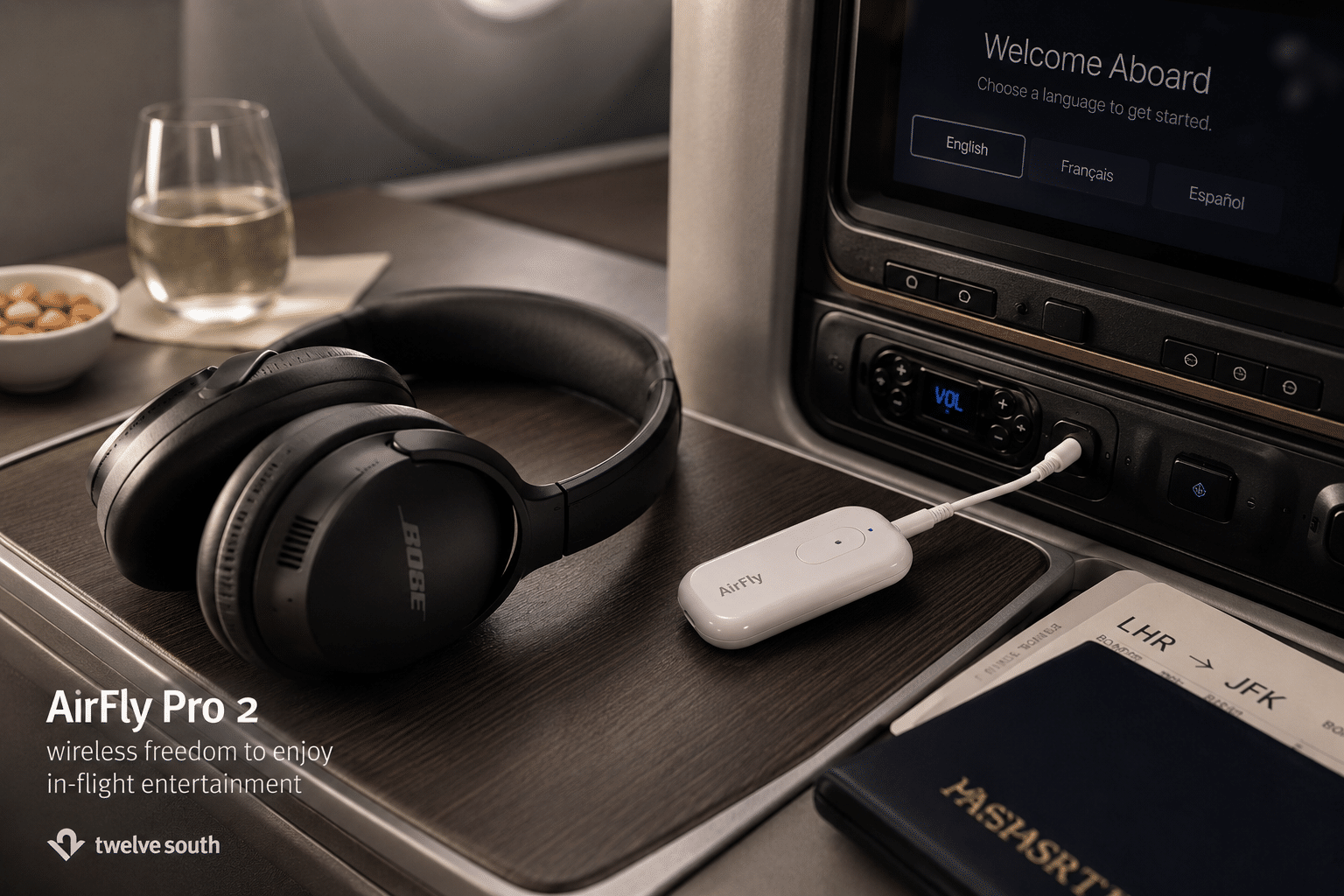 Twelve South AirFly Pro 2 wireless audio adapter connected during airplane travel