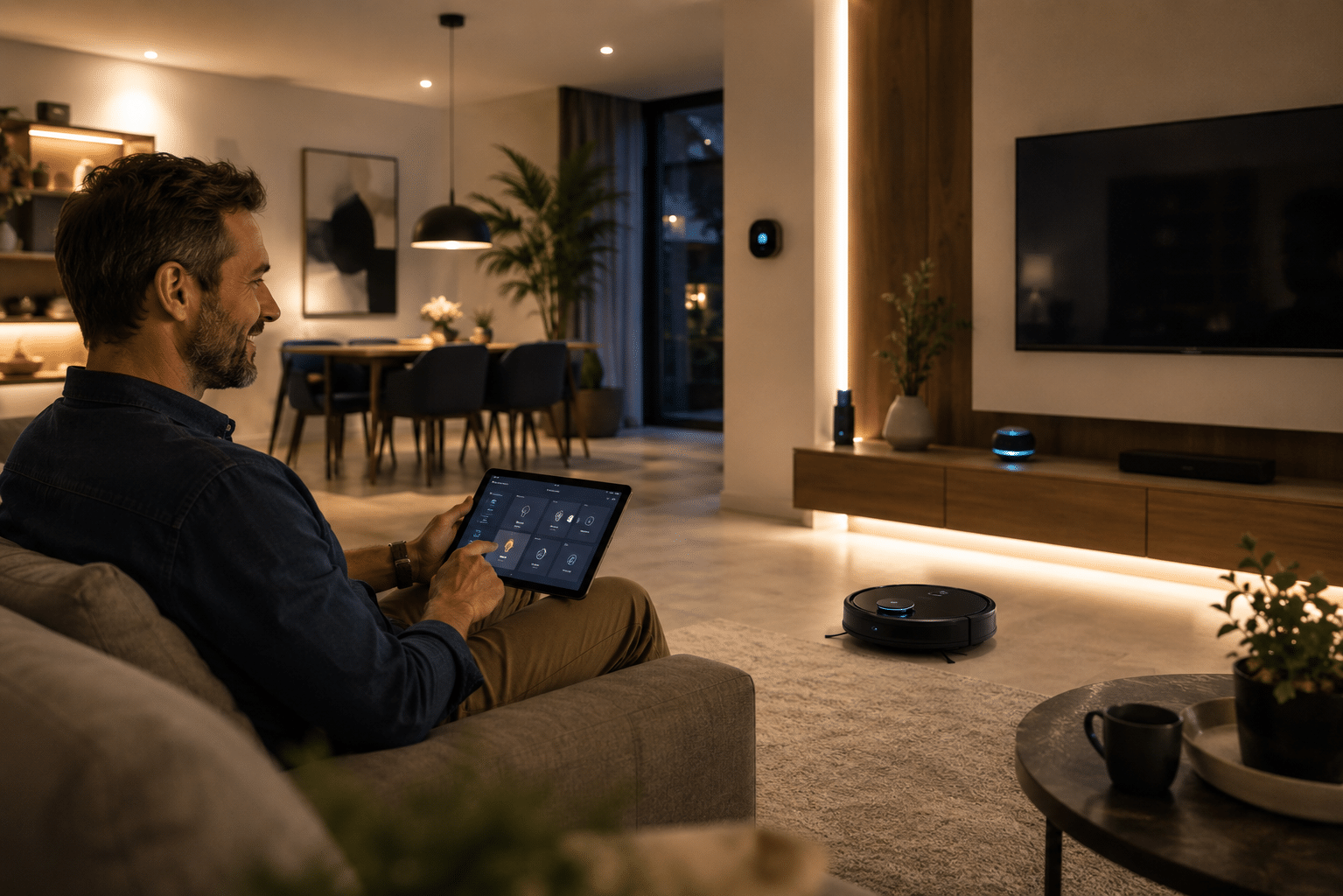 Father using innovative Father's Day tech gifts including a smart robot vacuum in a modern home