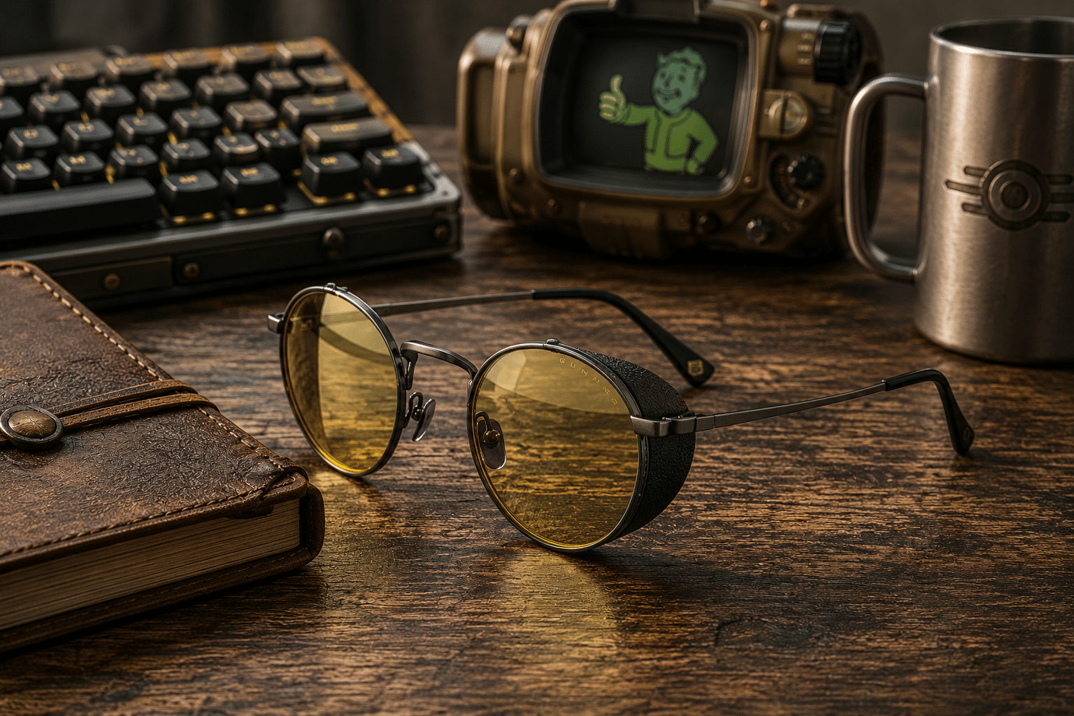 GUNNAR Fallout Lucky 38 glasses displayed on a premium wooden desk with gaming-inspired accessories