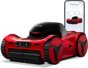 iGarden M1 AI Series robotic pool cleaner cleaning the floor and walls of a modern backyard swimming pool.