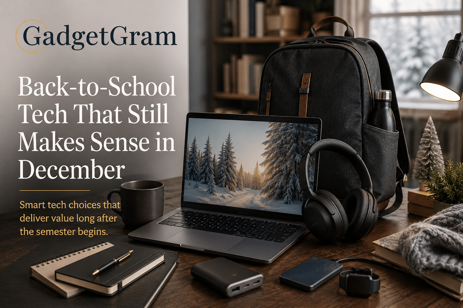 Student workspace featuring Back-to-School Tech including a laptop, headphones, and accessories.