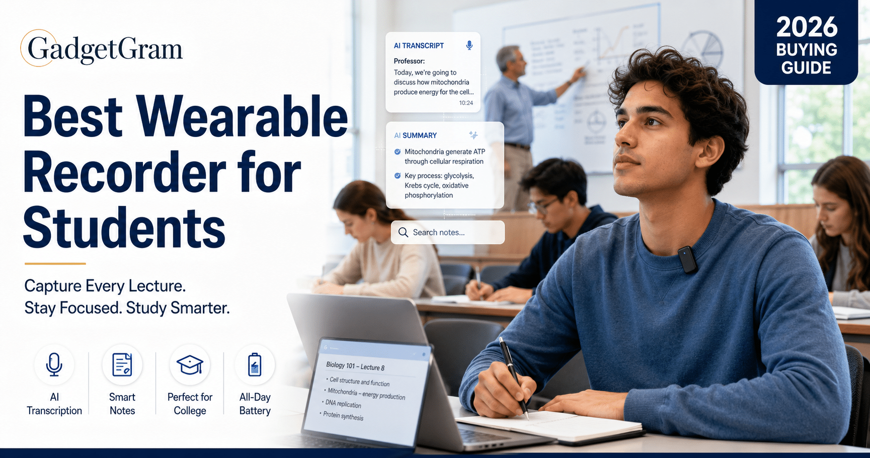 College student using the best wearable recorder for students during a university lecture while AI transcription creates smart notes in real time.