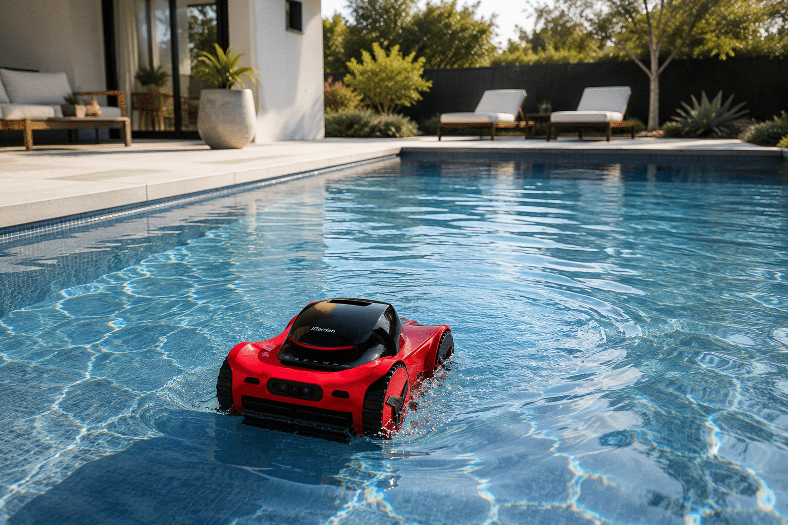 iGarden M1 AI Series robotic pool cleaner cleaning the floor and walls of a modern backyard swimming pool.
