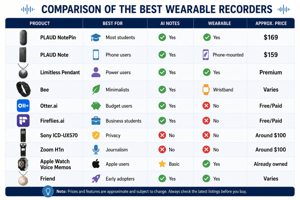 Comparing top wearable recorders