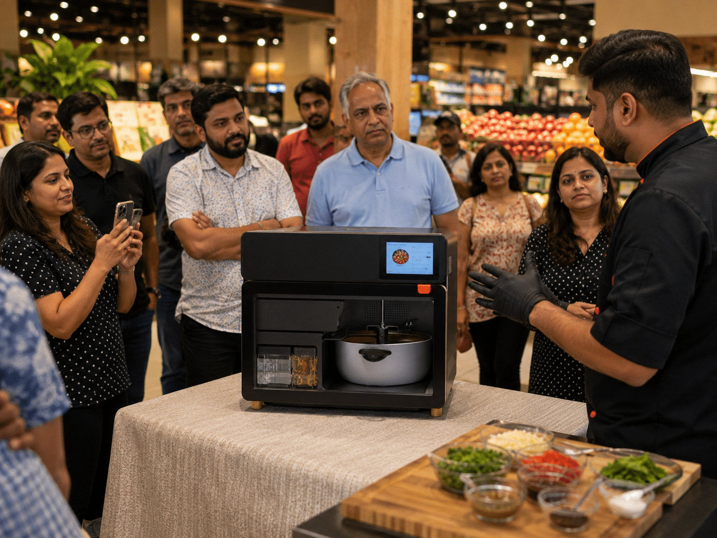 Nosh AI Robo-Chef demonstration at Patel Brothers in Naperville, Illinois.