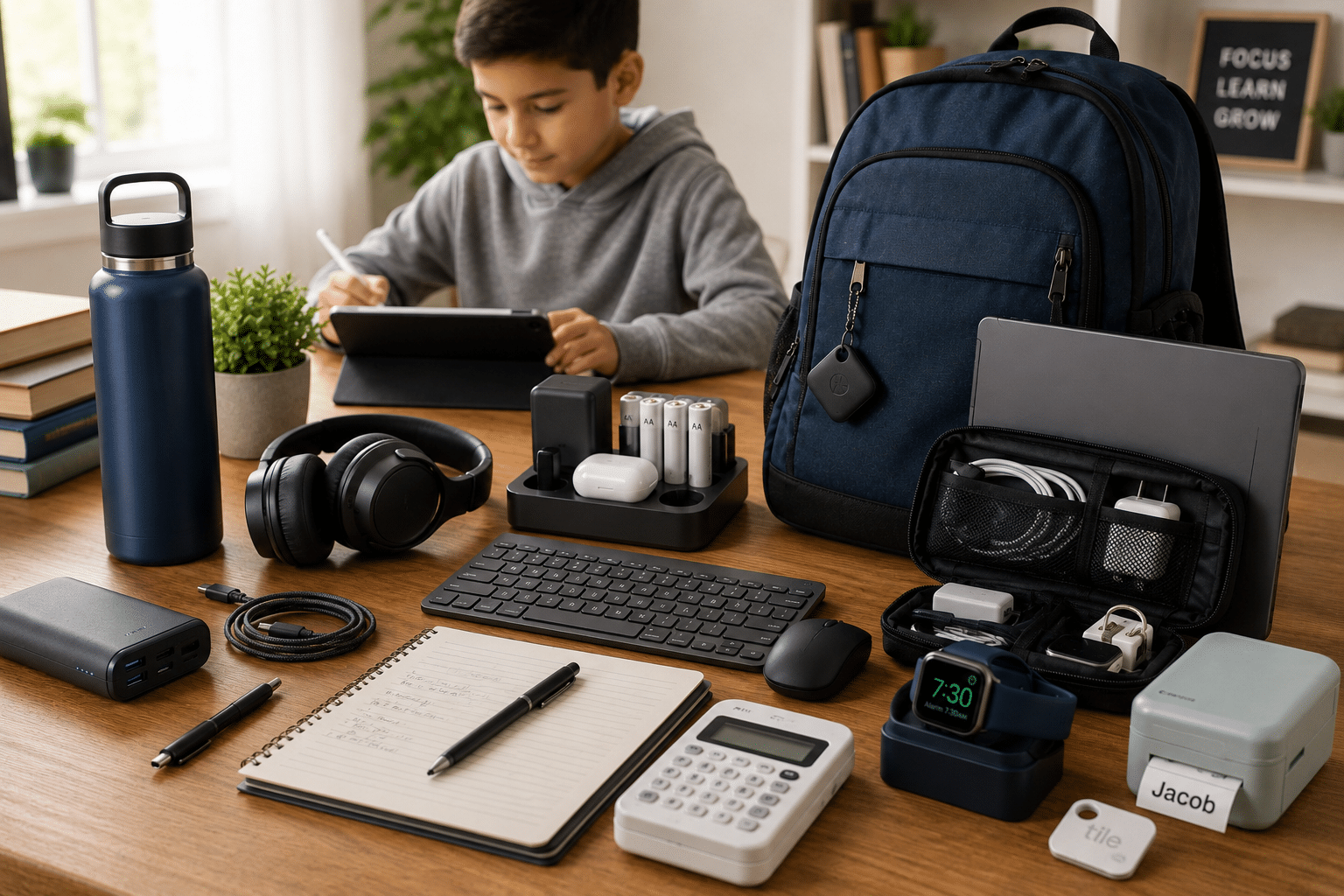 Student with back-to-school tech essentials including a tablet, headphones, power bank, reusable water bottle, and backpack.