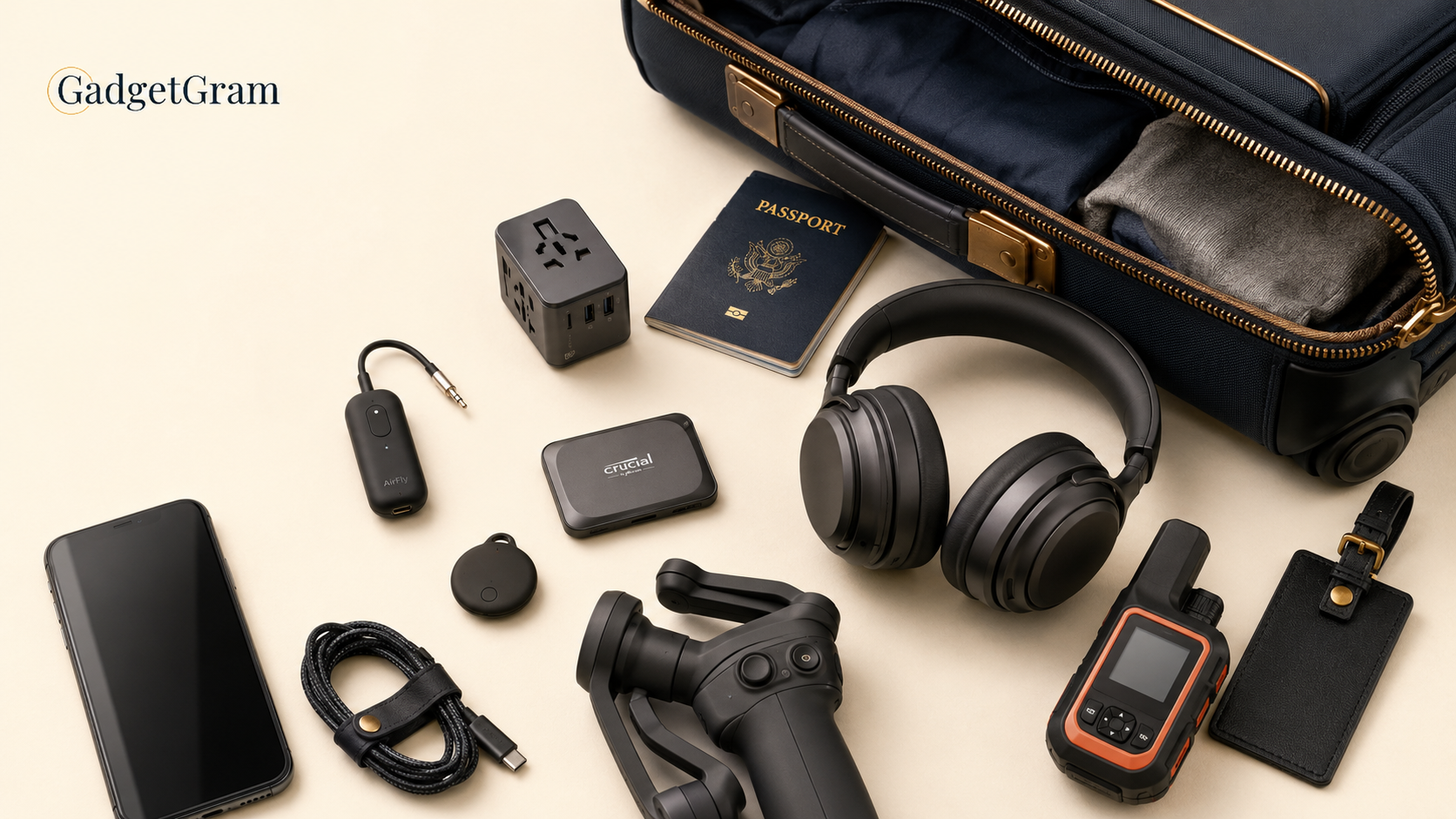 GadgetGram Labor Day travel tech flat lay featuring an open carry-on surrounded by noise-canceling headphones, travel adapter, Bluetooth audio adapter, luggage tracker, portable SSD, smartphone gimbal, satellite communicator, phone, passport, and USB-C cable.
