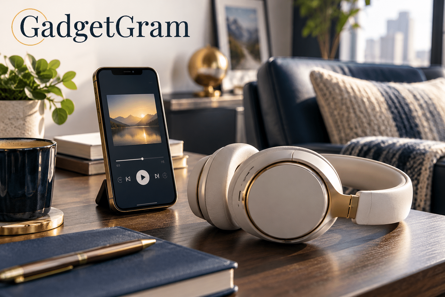 Audible Premium audiobook listening experience with headphones and smartphone.