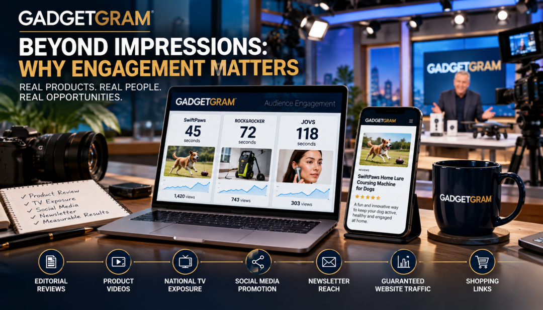 Gadget advertising case study showing product marketing analytics, editorial reviews, and digital campaign engagement.