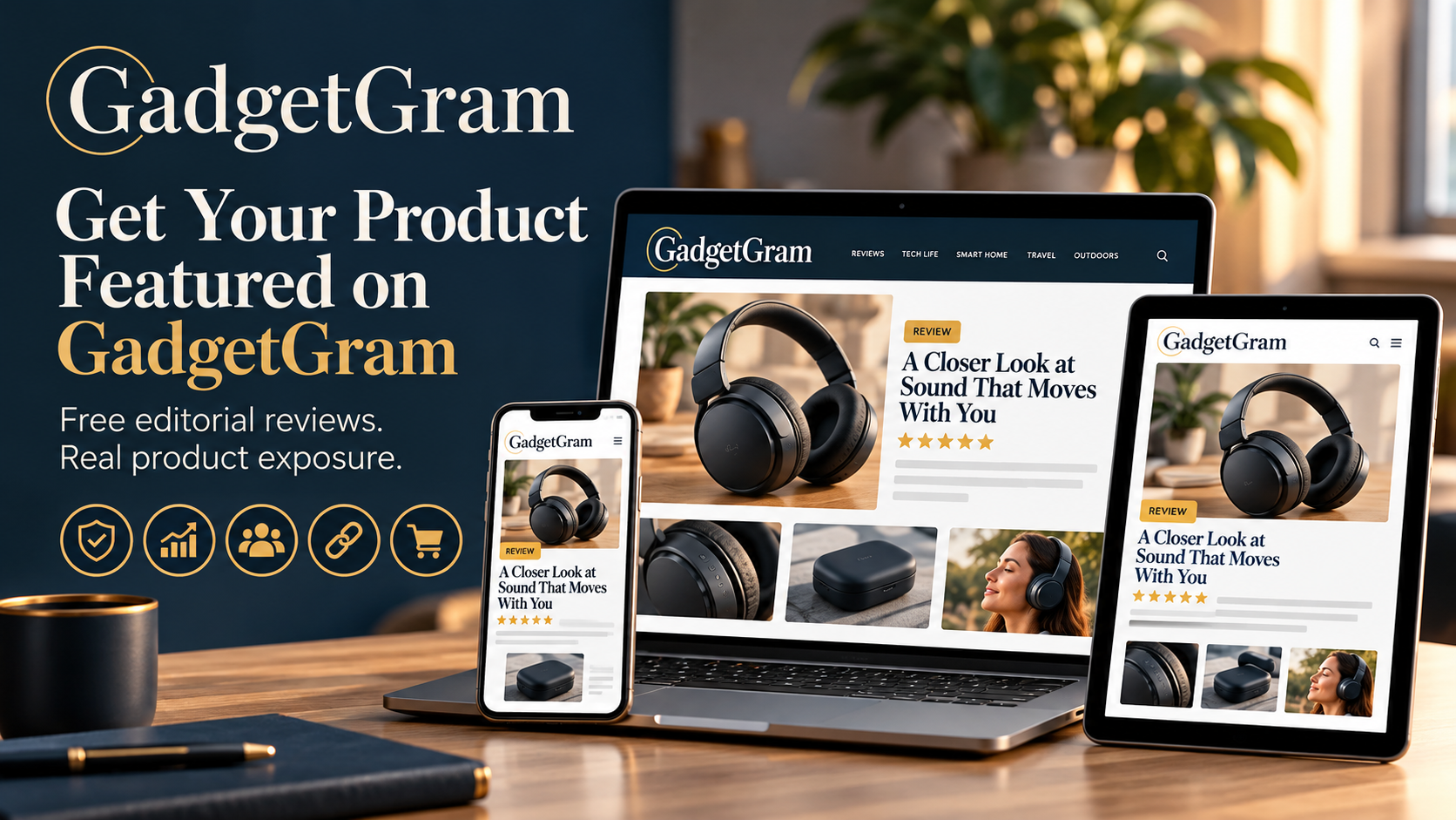 Gadget advertising case study showing product marketing analytics, editorial reviews, and digital campaign engagement.